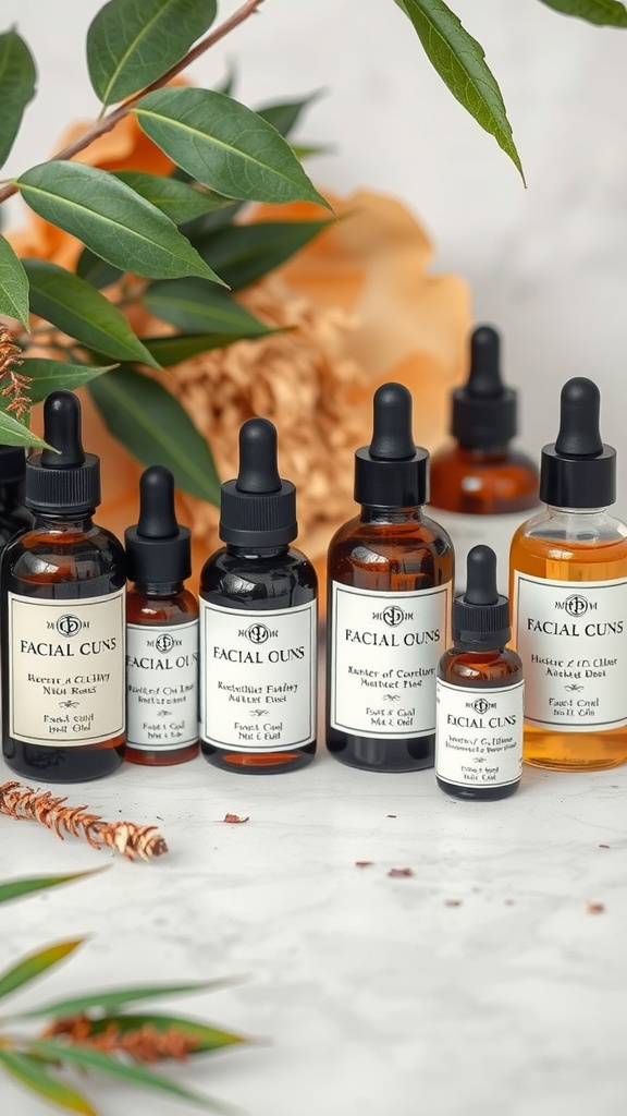A collection of facial oils in amber glass bottles with dropper tops, surrounded by greenery.