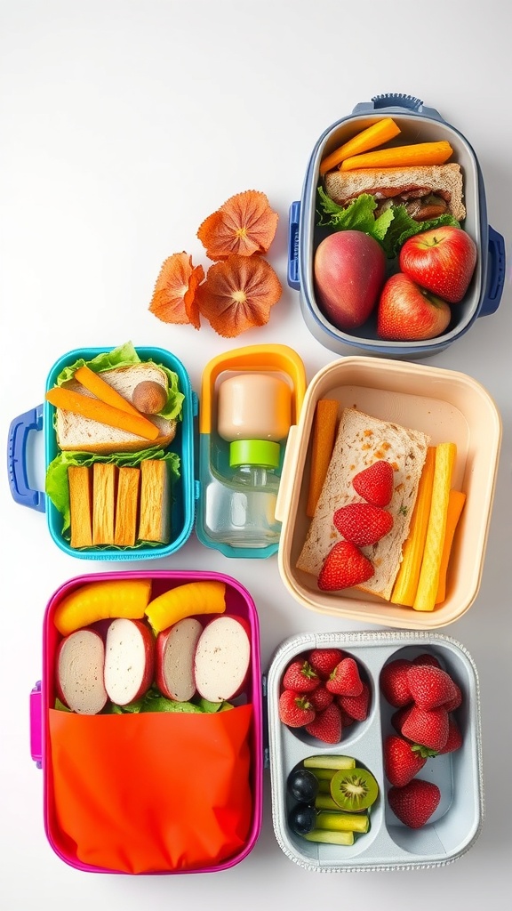 Colorful lunchboxes filled with sandwiches, fruits, and vegetables.