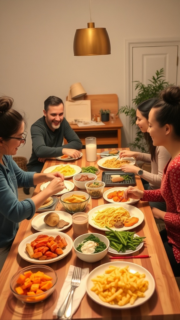 A family enjoying a meal together with various dishes on the table.