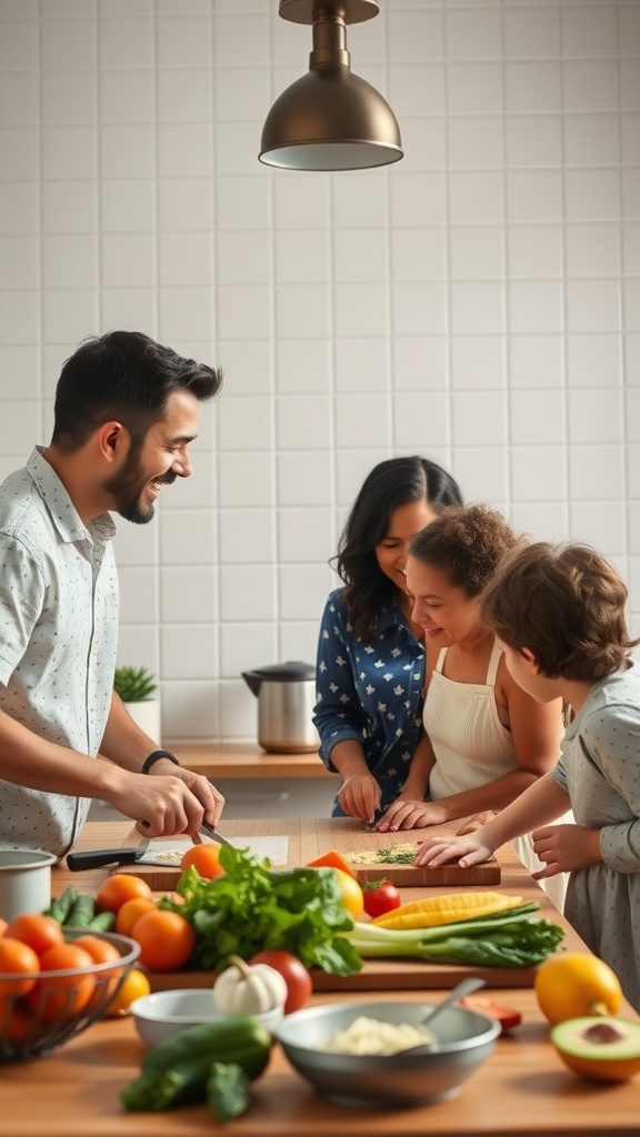 A family preparing a meal together in a kitchen, surrounded by fresh vegetables and ingredients.