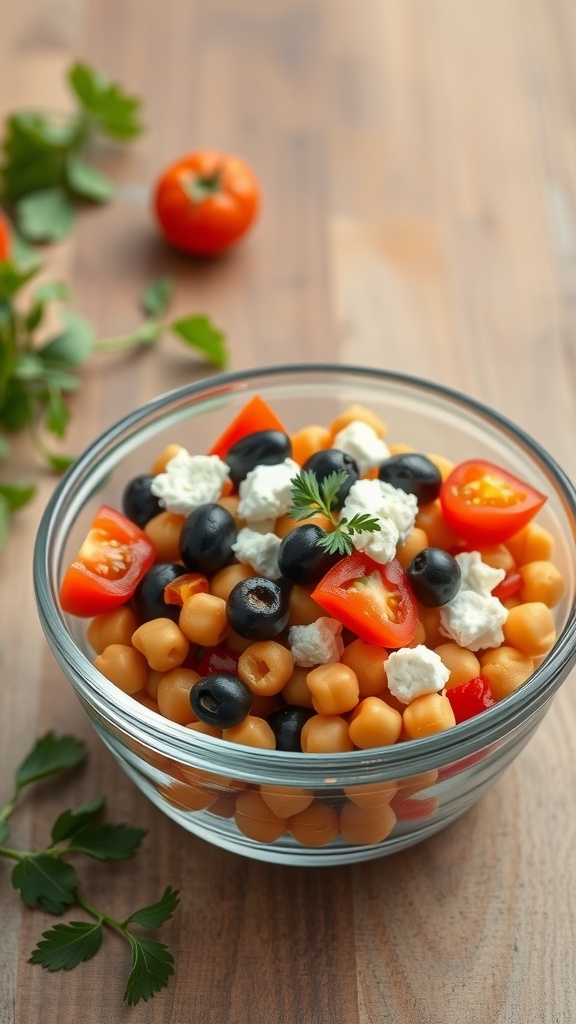 A colorful chickpea salad with cherry tomatoes, cucumber, feta cheese, and parsley in a clear bowl.