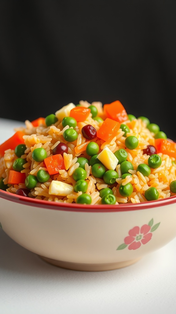 A colorful bowl of vegetable fried rice with peas, carrots, and bell peppers.