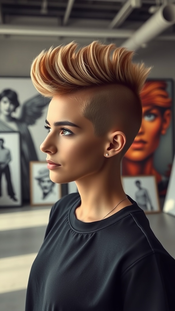 A stylish faux hawk hairstyle with volume, featuring short sides and longer hair on top, showcased against a backdrop of artistic portraits.