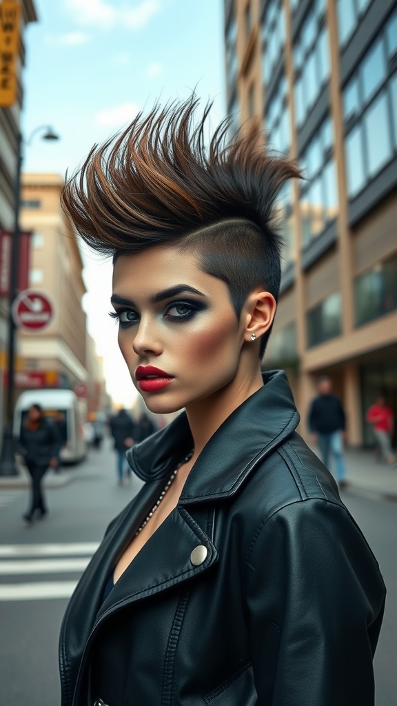 A model showcasing a voluminous faux hawk hairstyle, standing confidently in an urban setting.