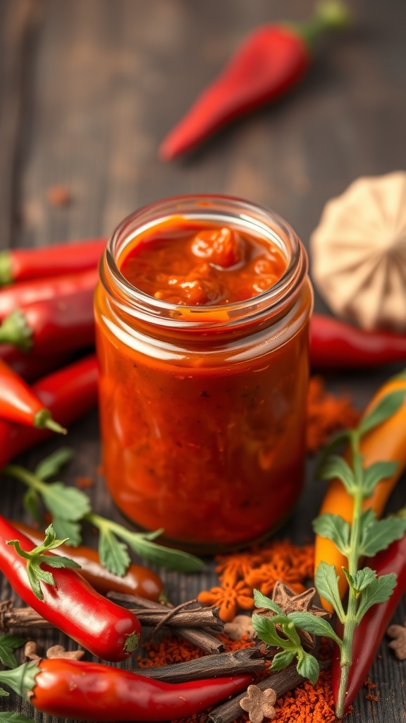 Homemade harissa paste in a jar, surrounded by chili peppers and spices.