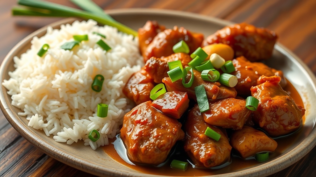 A plate of Filipino Adobo Chicken served with steamed rice and garnished with green onions.