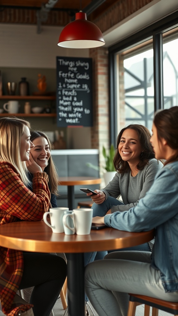 A group of friends chatting and laughing at a café, illustrating the importance of accountability partners in building daily habits.