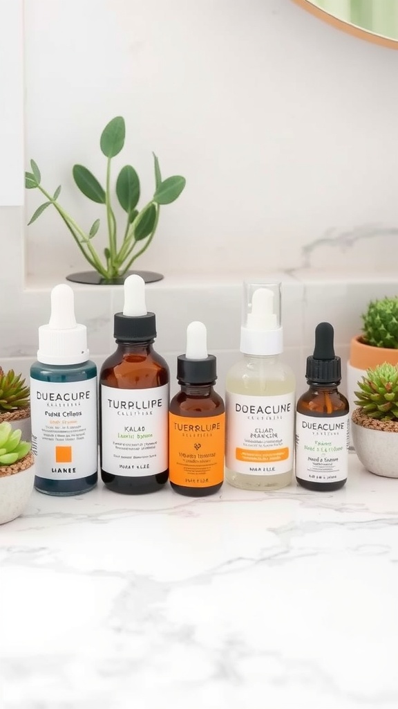 A collection of affordable skincare serums in various bottles arranged neatly on a marble surface with green plants.