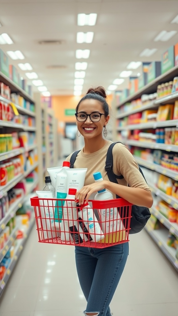 A smiling woman holding a red basket filled with skincare products in a store aisle.