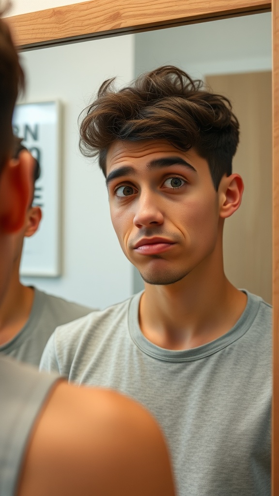 A young man making a fish face while looking in the mirror.