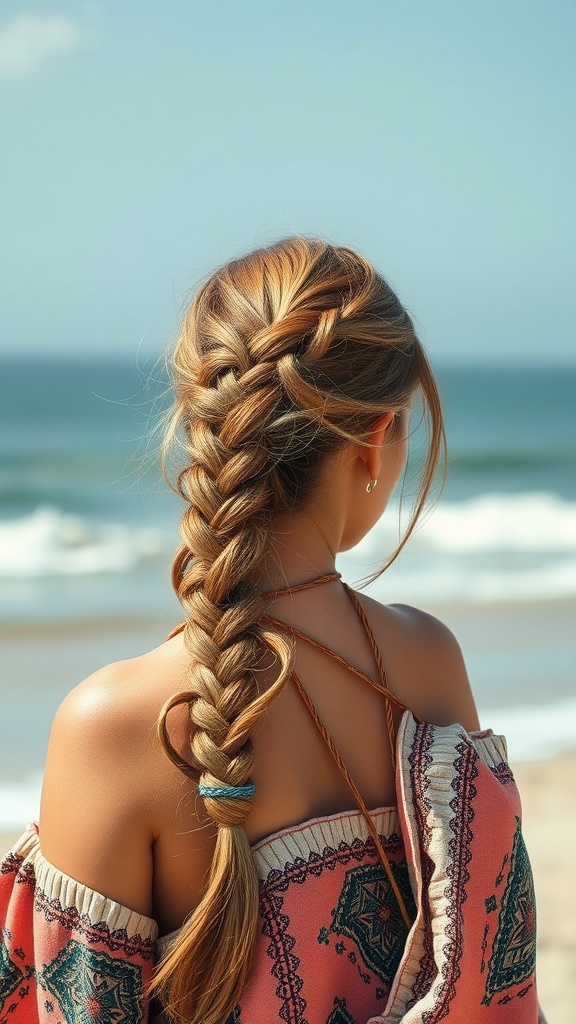 A fishtail braid hairstyle on a person with long hair, set against a beach background.