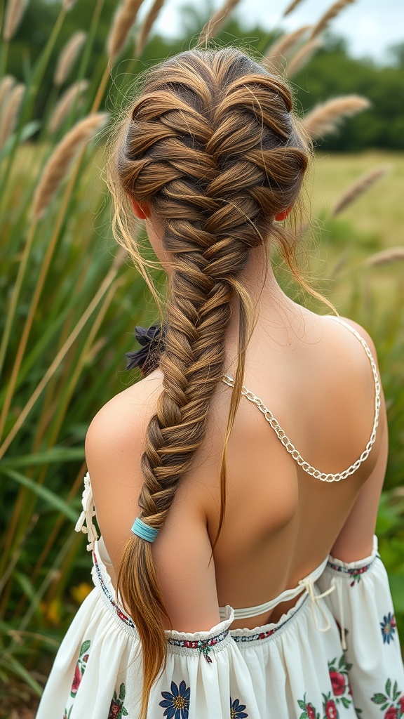 A close-up view of a fishtail braid, showcasing intricate weaving and a natural setting.
