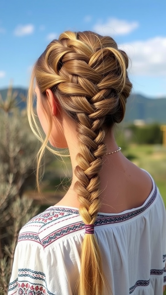 A woman with a fishtail braid hairstyle, showcasing a neat and stylish look.