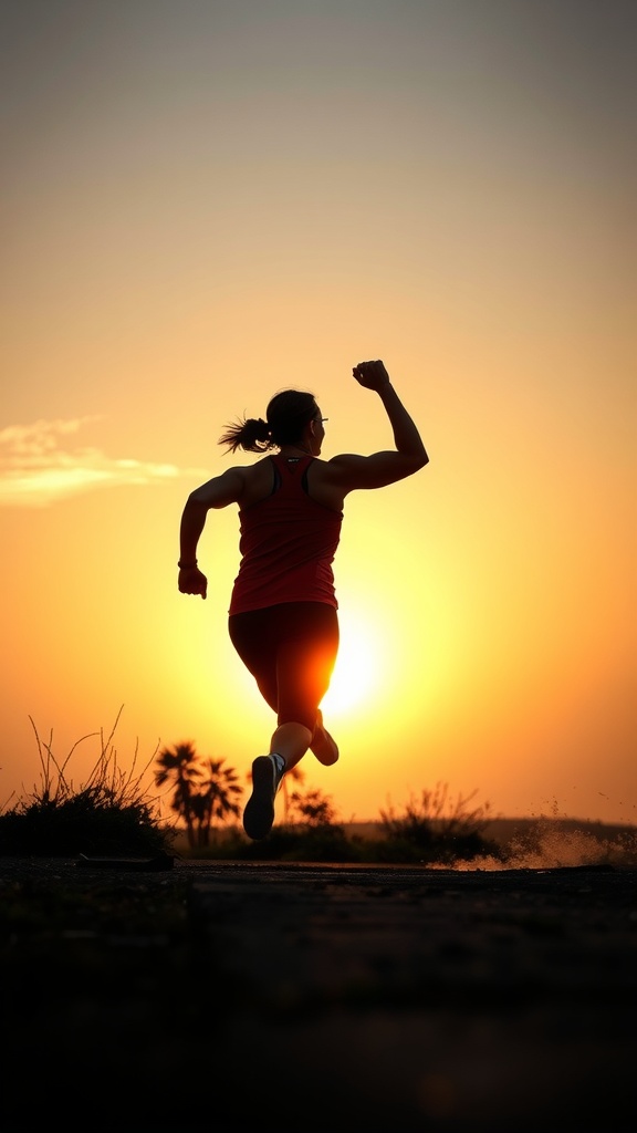A person running towards the sunset, symbolizing empowerment through fitness.