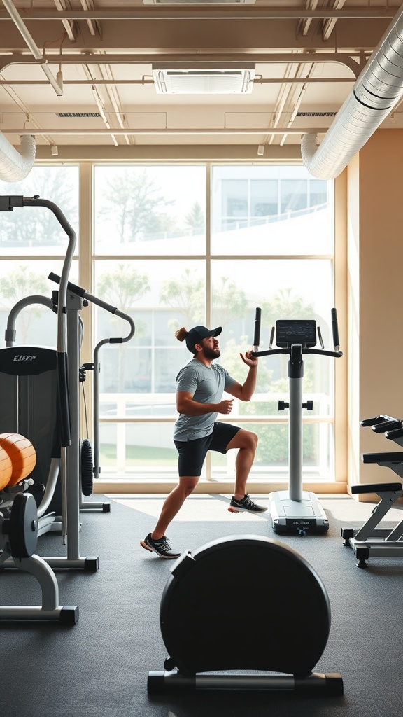 A man exercising in a well-lit gym, engaged in a workout routine.