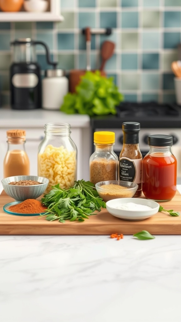 A variety of ingredients for meal prep including spices, herbs, and sauces.