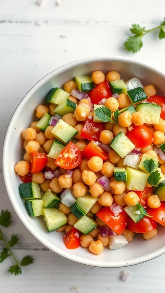 A colorful chickpea salad with cucumbers, tomatoes, and onions in a white bowl.
