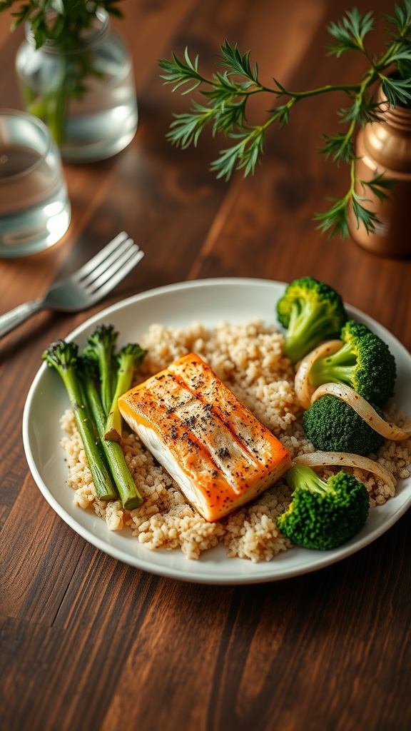A plate of grilled salmon, couscous, and steamed broccoli on a wooden table.