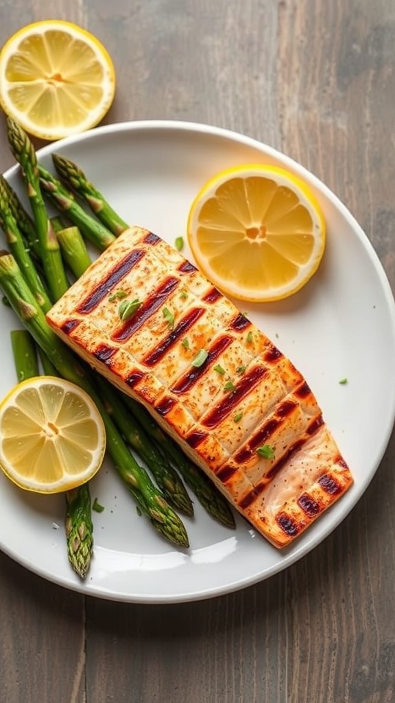 Grilled salmon fillet served with asparagus and lemon slices on a white plate.
