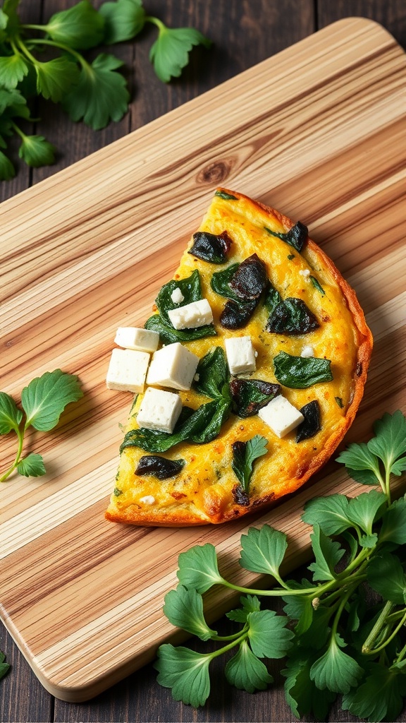 A slice of frittata with spinach and cheese on a wooden cutting board, surrounded by fresh greens.