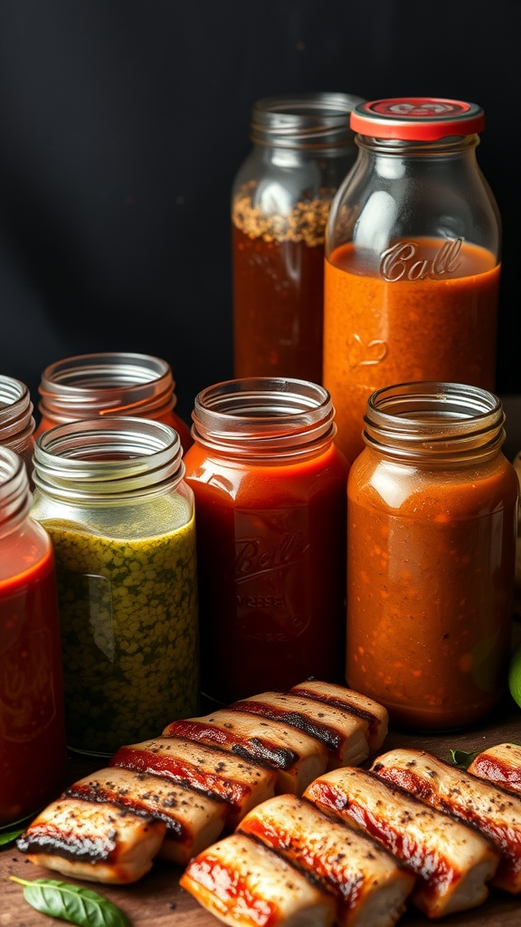 Jars of colorful marinades and sauces next to grilled protein.