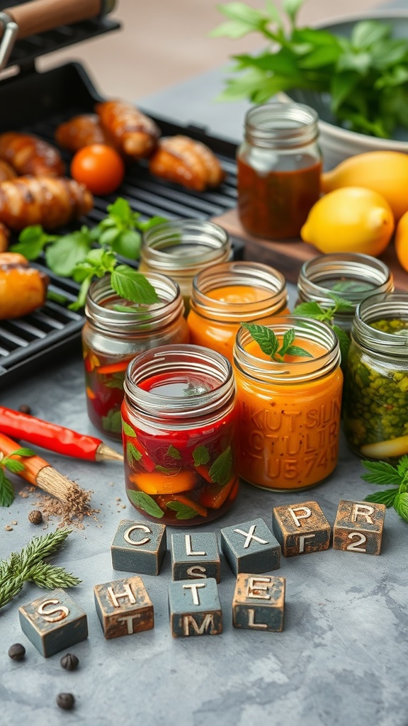 Colorful jars of marinades and fresh ingredients for grilling