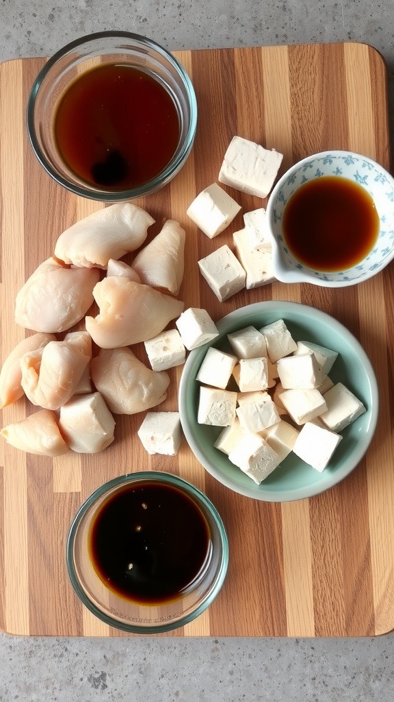 Ingredients for marinades including chicken, tofu, soy sauce, and other seasonings on a wooden cutting board.