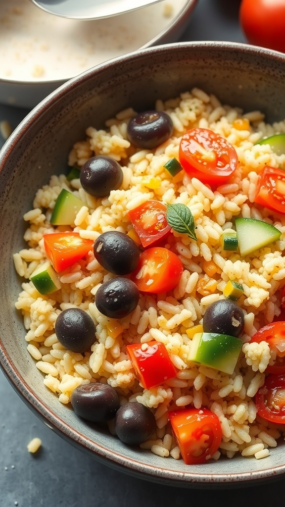 A bowl of Mediterranean couscous with cherry tomatoes, cucumbers, and black olives.