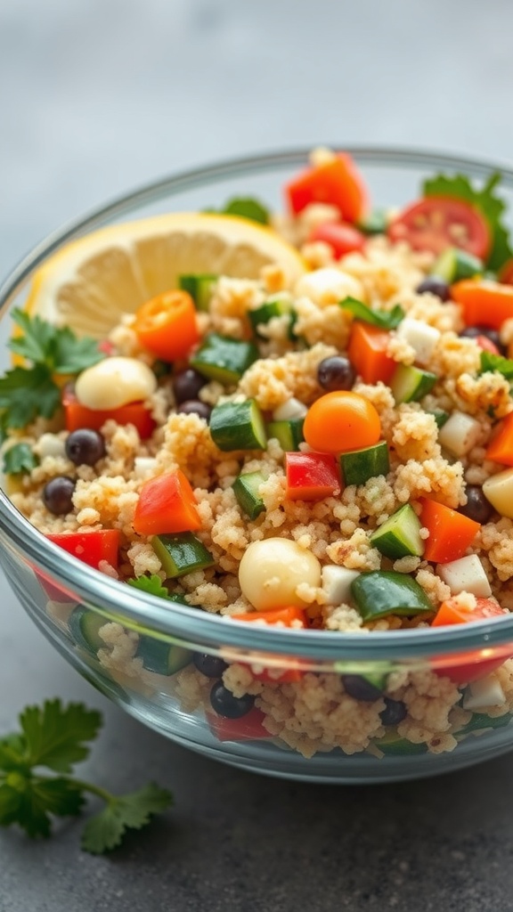A colorful quinoa salad with various vegetables and a lemon wedge.