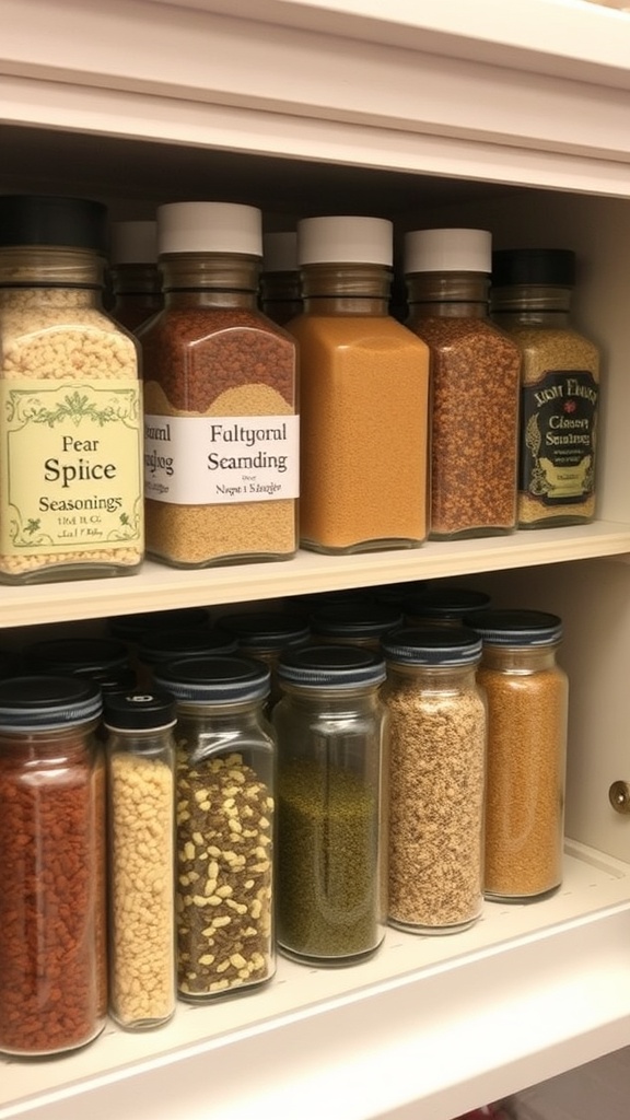 An organized spice shelf showcasing various seasonings in glass containers.