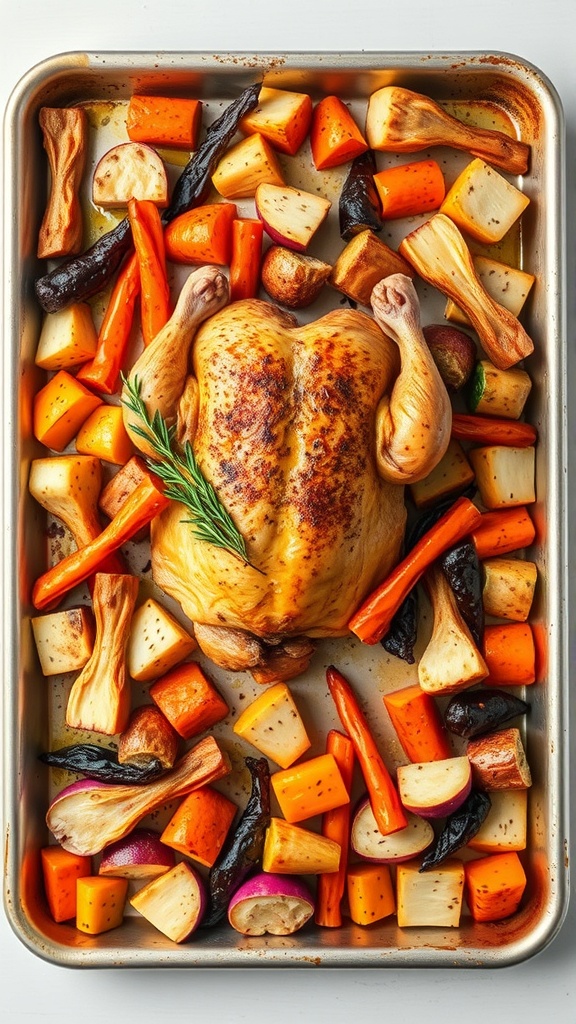 A roasted chicken surrounded by colorful vegetables on a sheet pan.