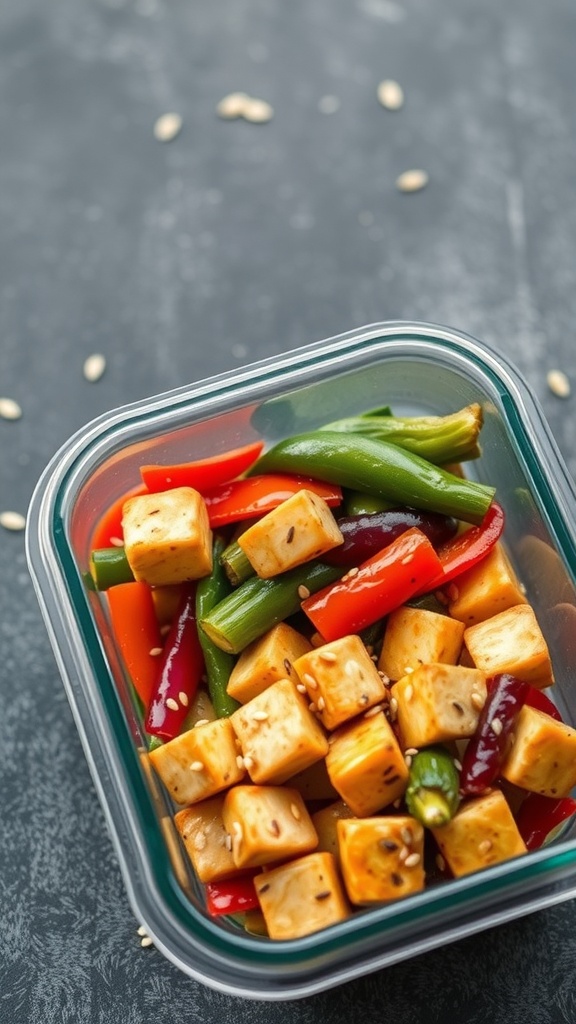 A container filled with colorful stir-fried vegetables and tofu, ready for meal prep.