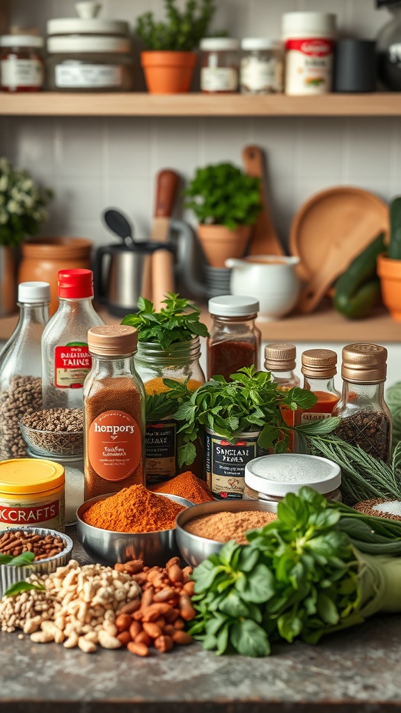 A variety of spices and herbs arranged on a kitchen counter, showcasing ingredients for meal prep.