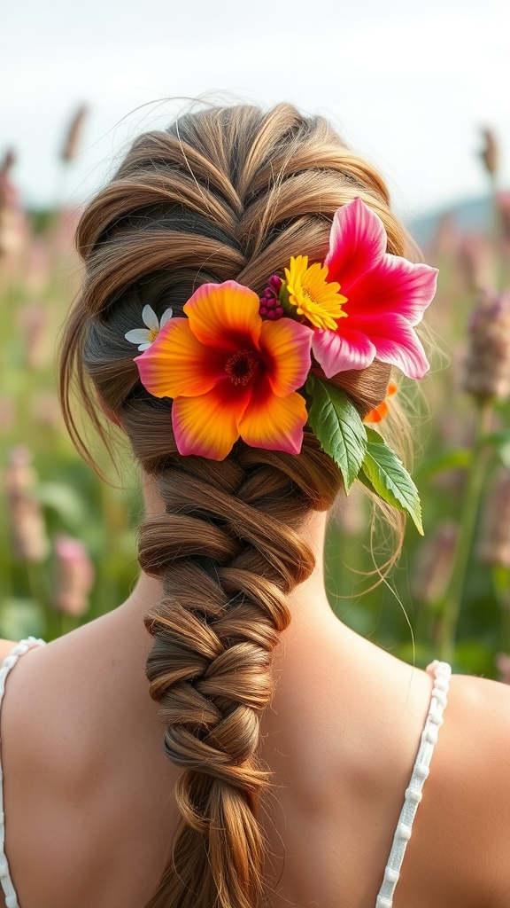 A woman with a beautiful floral-embellished fishtail braid, featuring vibrant flowers tucked into the braid amidst a field of flowers.