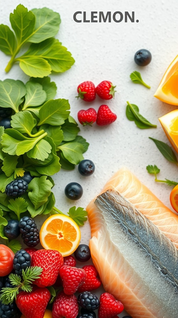 A colorful assortment of fresh salmon, leafy greens, and various berries displayed on a white surface.