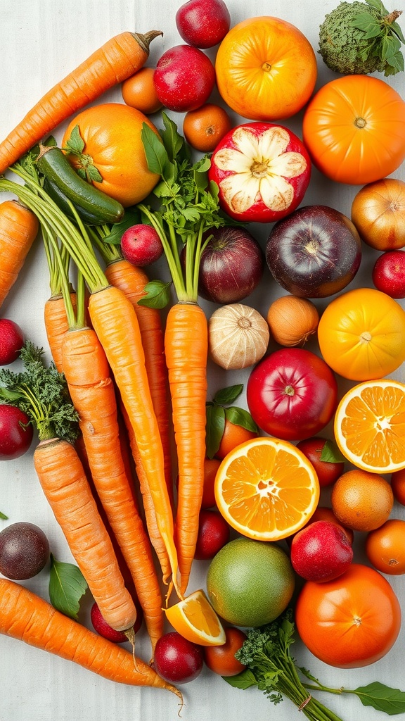 A variety of colorful fruits and vegetables including carrots, oranges, tomatoes, and apples arranged on a surface.