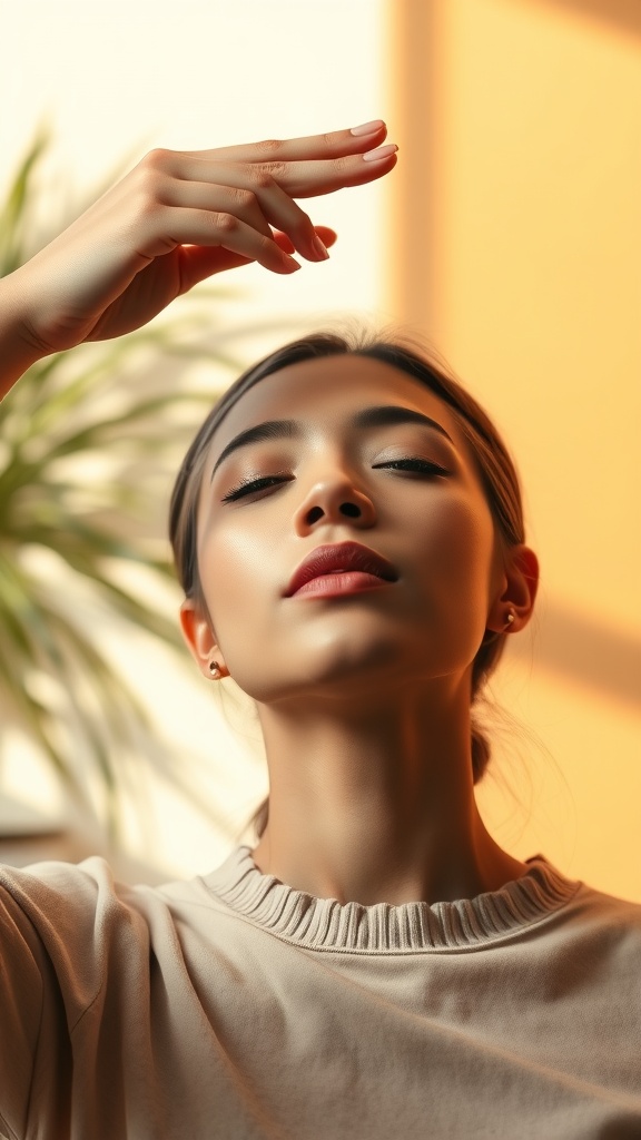 A young woman demonstrating a forehead and brow lift exercise using her hand.