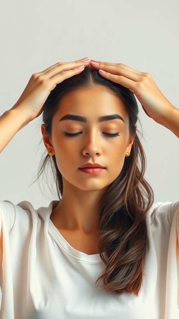 A woman performing a forehead and brow stretch with her hands on her forehead and eyes closed.