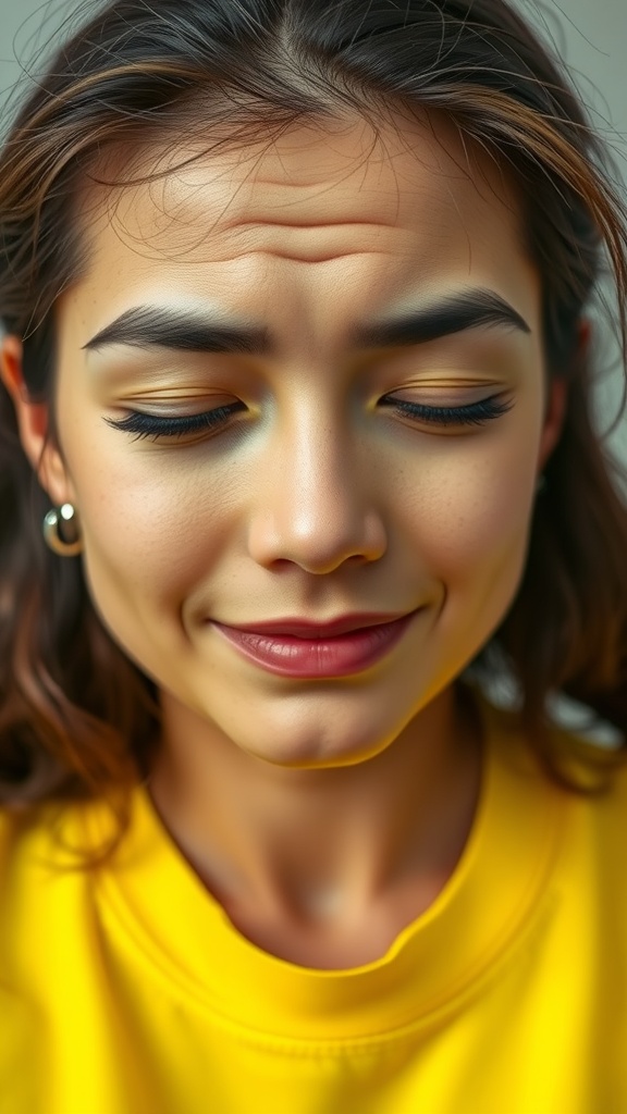A close-up of a person with a relaxed expression, showing lines on their forehead.
