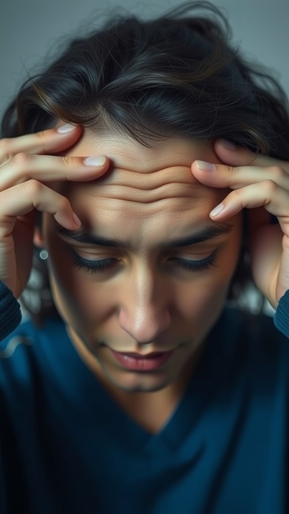 A person holding their forehead, showing focus and relaxation, potentially practicing face yoga.