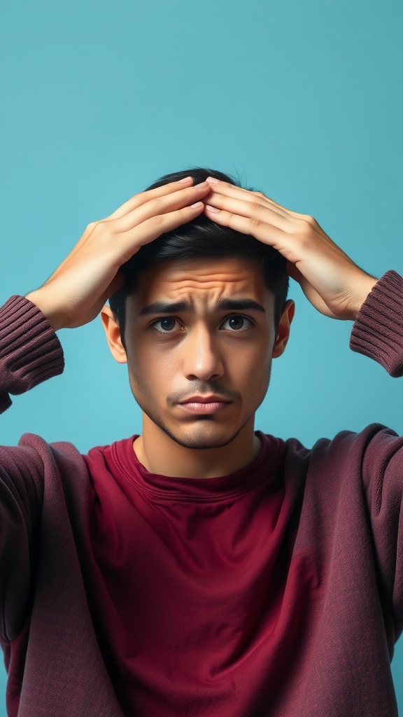 A young man with a concerned expression, hands on his forehead, demonstrating a facial exercise.