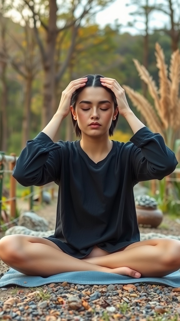 Person performing forehead lines relaxation yoga move outdoors.