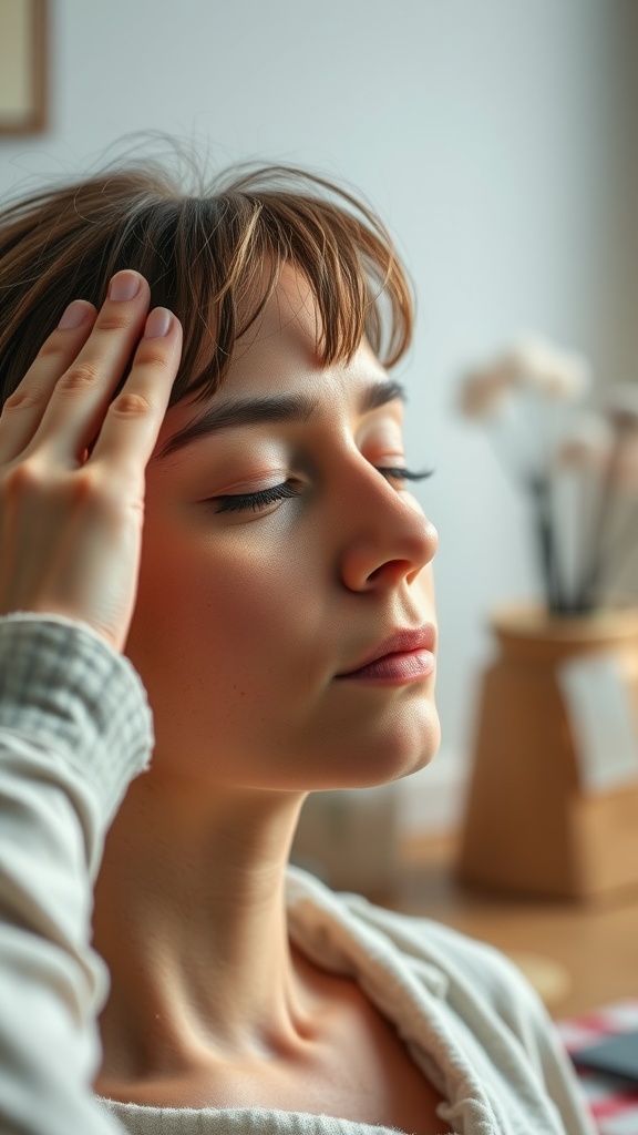 A person relaxing with their hand on their forehead, eyes closed, representing a moment of calm and tension release.