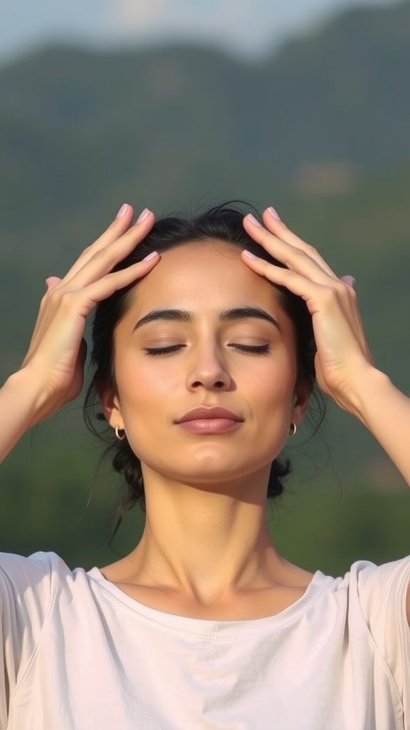 A woman practicing forehead relaxation with her hands on her forehead outdoors.