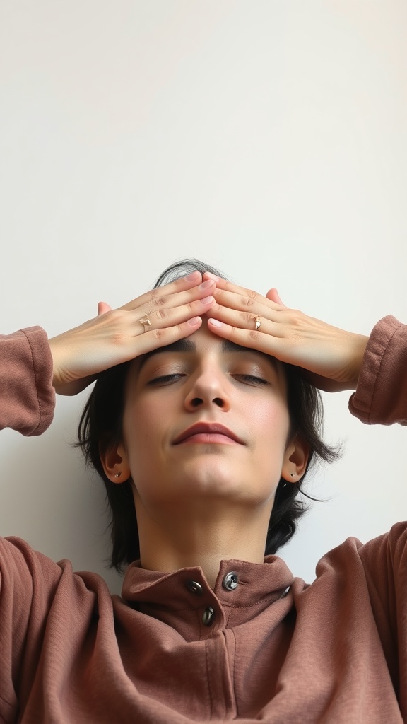 A person gently pressing their hands against their forehead, practicing a yoga move for relaxation.