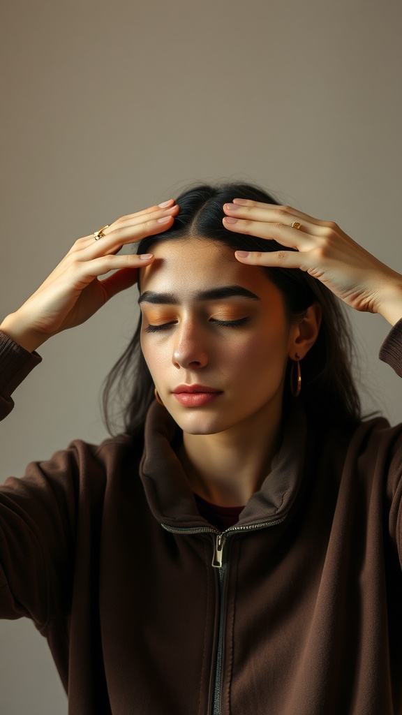 A person performing forehead smooth face yoga move with hands resting on their forehead.