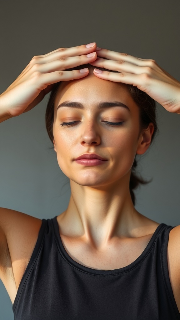 A person performing the Forehead Smoother face yoga move, placing hands on forehead with a relaxed expression.