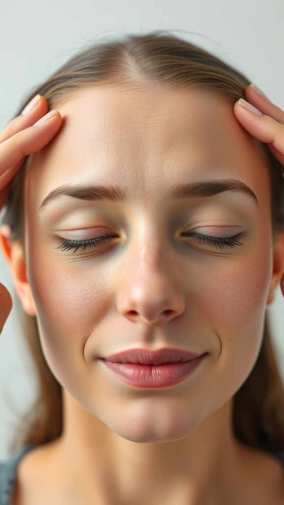 A person performing the Forehead Smoother face yoga move, gently pressing their fingers against their forehead.