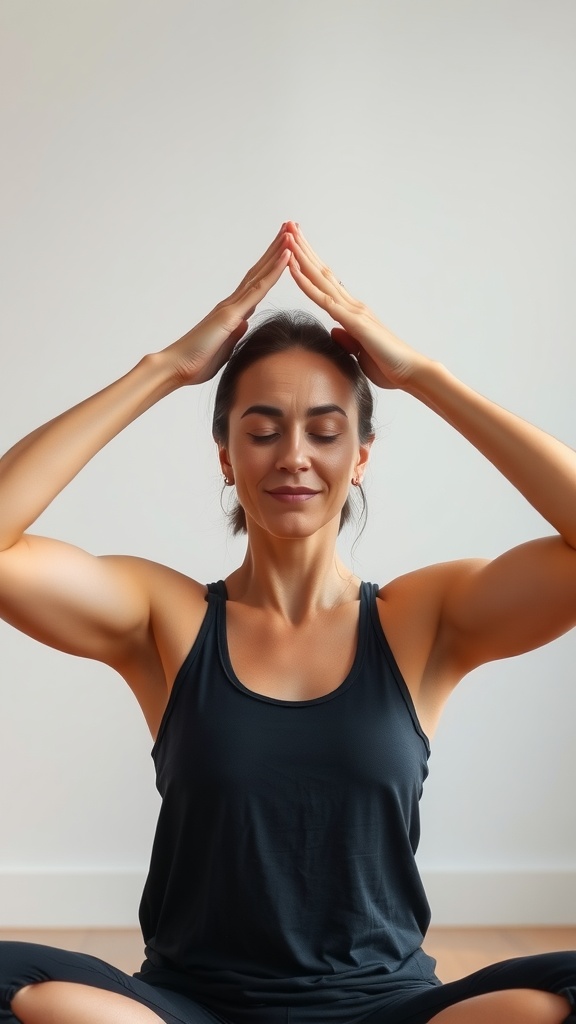 A woman practicing face yoga, hands forming a triangle above her forehead, promoting relaxation and muscle stretch.