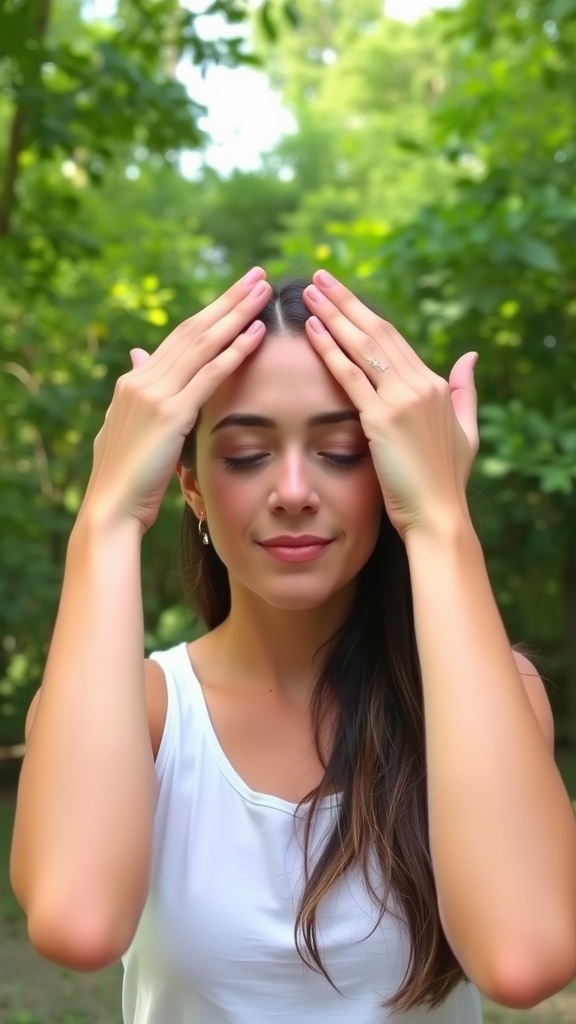 A woman performing the Forehead Smoother exercise outdoors, with her hands on her forehead and a serene expression.